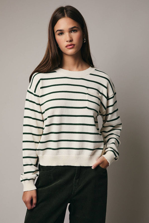 ROUND NECK RAGLAN LONG SLEEVE STRIPE POCKET SWEATER OH