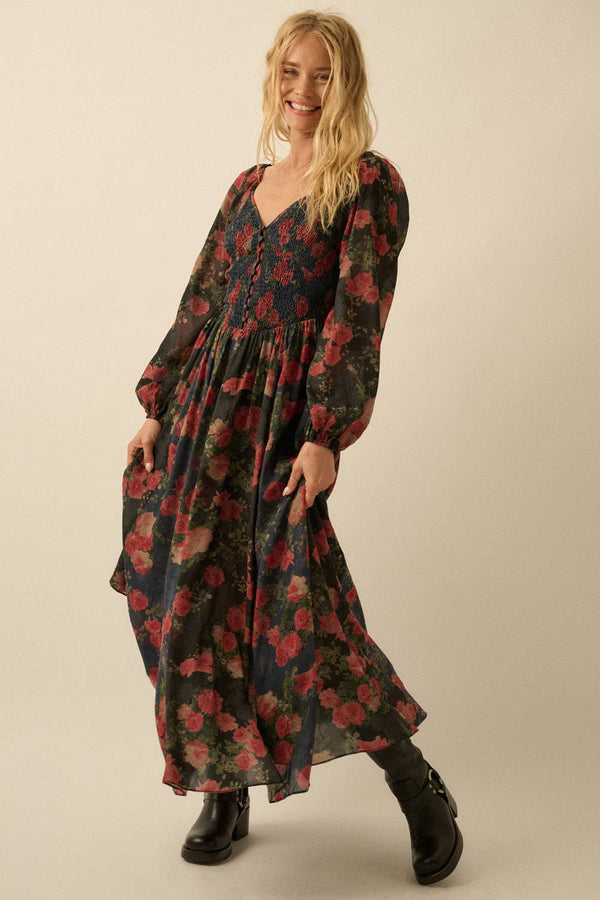 Floral-Print Smocked Bubble-Sleeve Maxi Dress OH