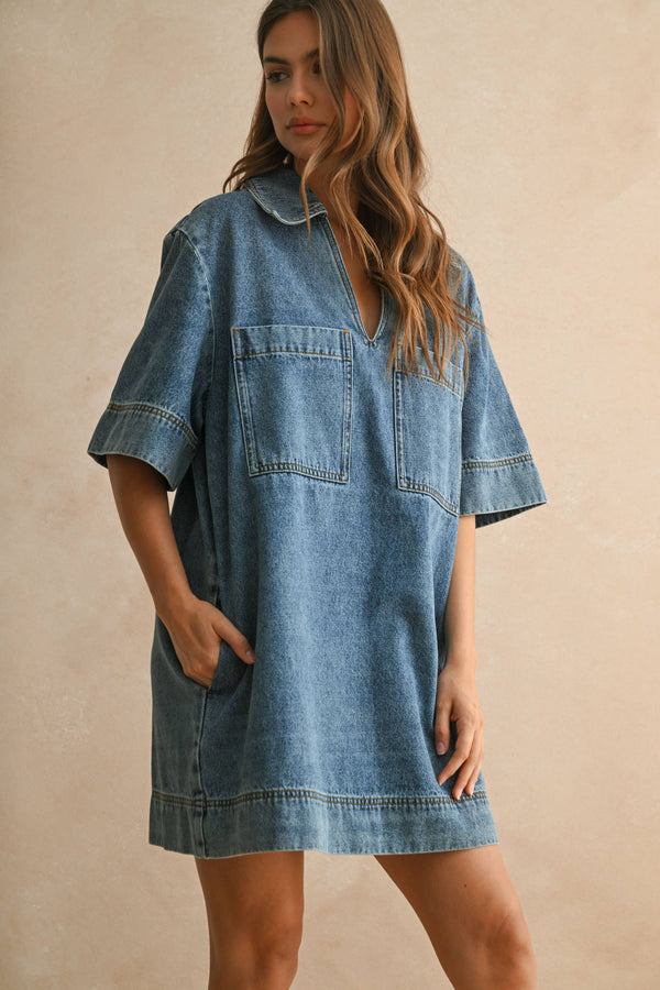 V-NECK DENIM TUNIC DRESS OH