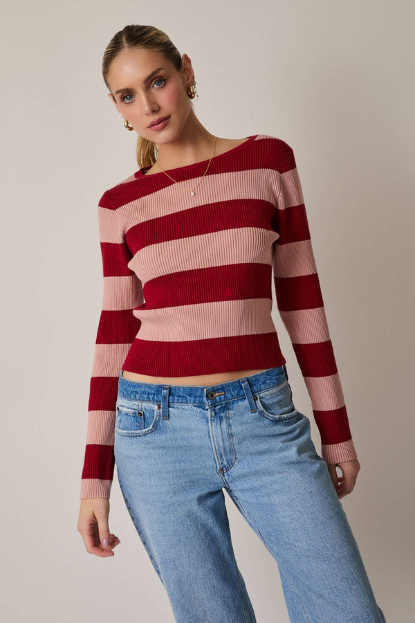 Round Neck Long Sleeve Stripe Ribbed Top OH