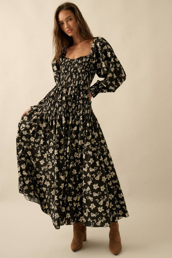 Floral-Print Smocked Bubble-Sleeve Midi Dress OH