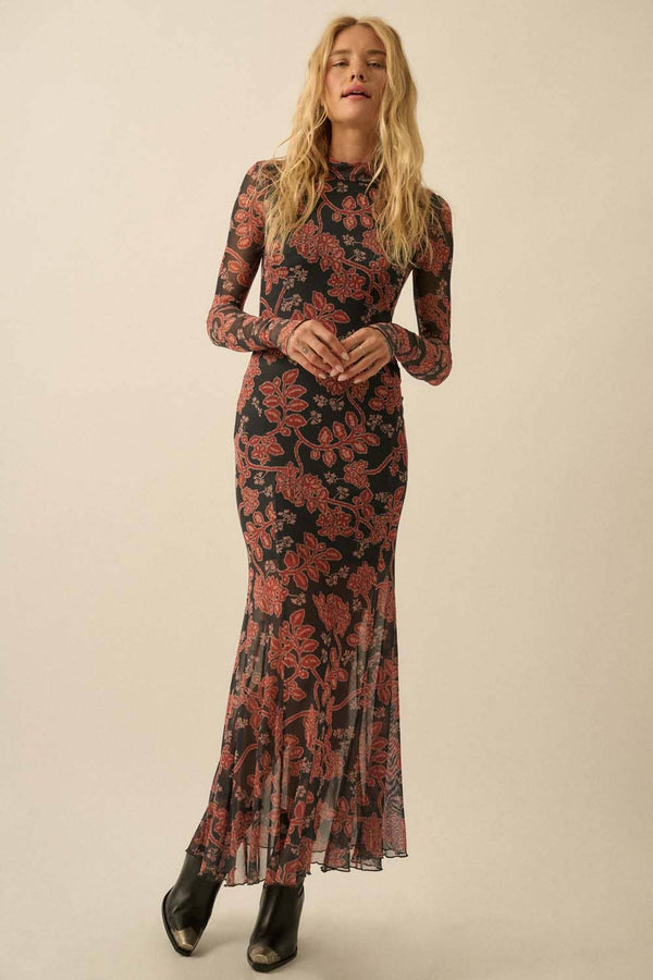 Floral Mesh Mock-Neck Thumbhole Maxi Dress OH