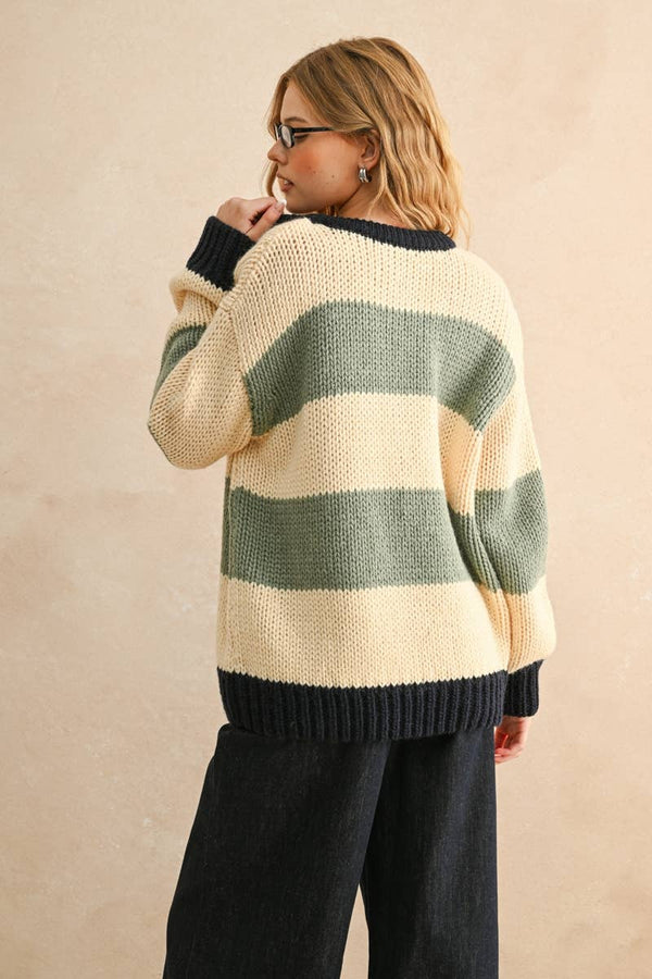 COLOR COMBO WIDE STRIPE PATTERN SWEATER TOP OH
