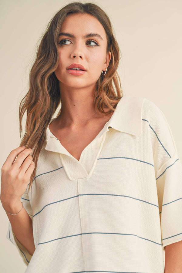 Striped Pattern Knitted Collar Top