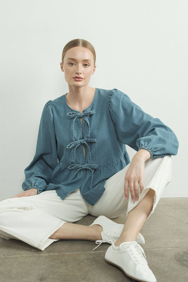 Denim Striped Tie Front Top