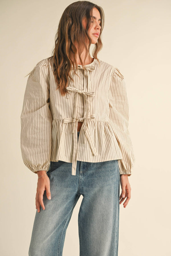 Cream Tie Front Navy Stripe Blouse